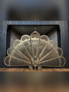 Antique Brass Peacock Fireplace Screen